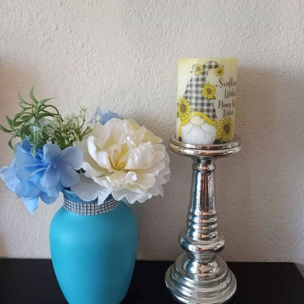 Short Pillar Candle Sunflowers and Gnome Decoupage Unscented